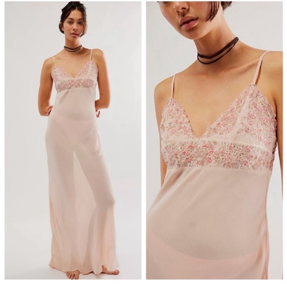 NEW Free People Midnight Magic Maxi Slip Pink Floral Embellished Sz XS